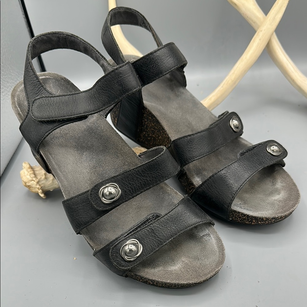 Dansko Black Leather Strappy Cork Wedge Sandals
